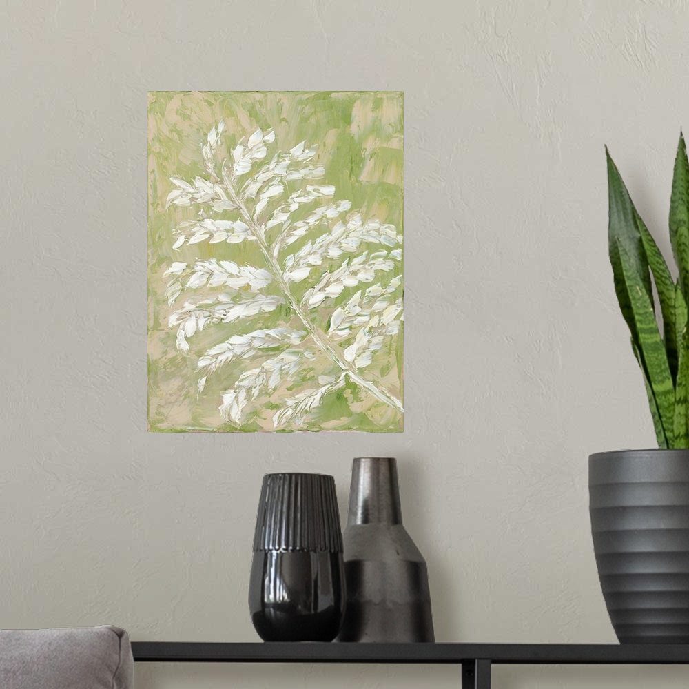 A modern room featuring Vertical abstract painting of a fern branch in textured brush strokes.
