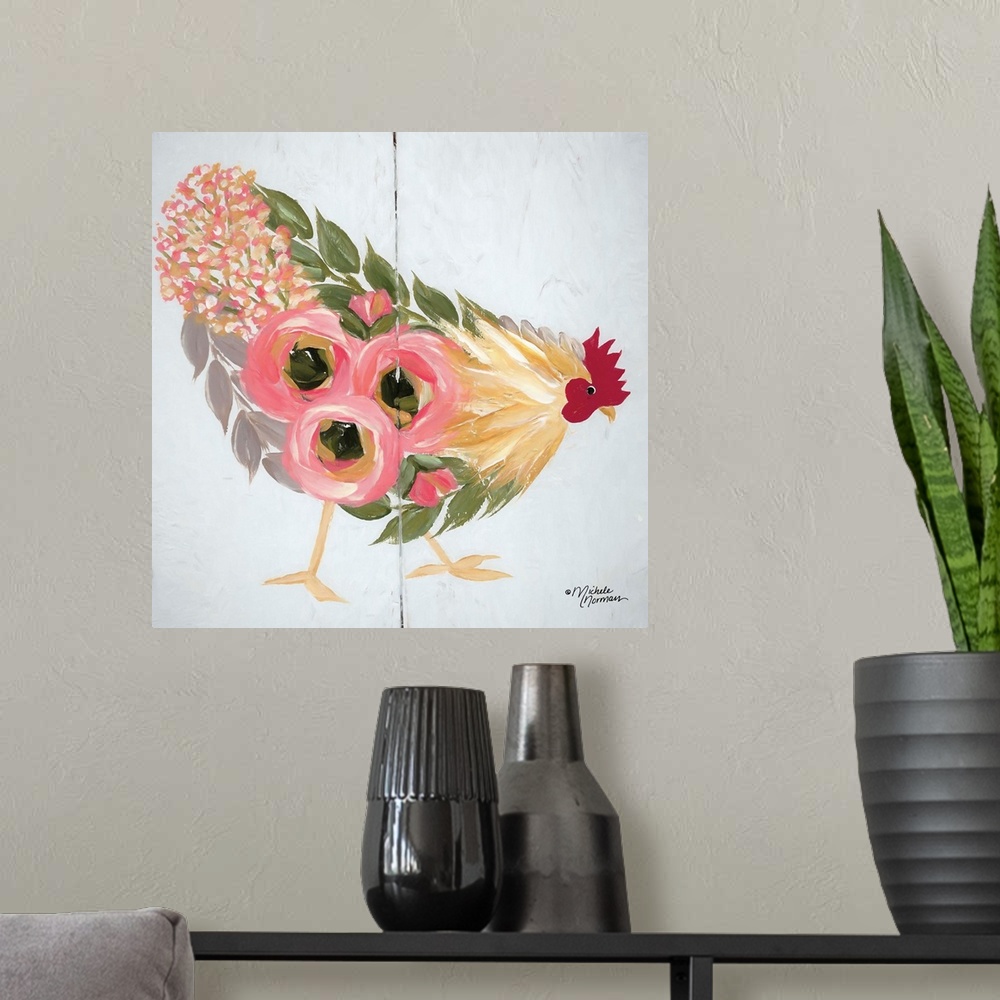 A modern room featuring Floral Hen on White