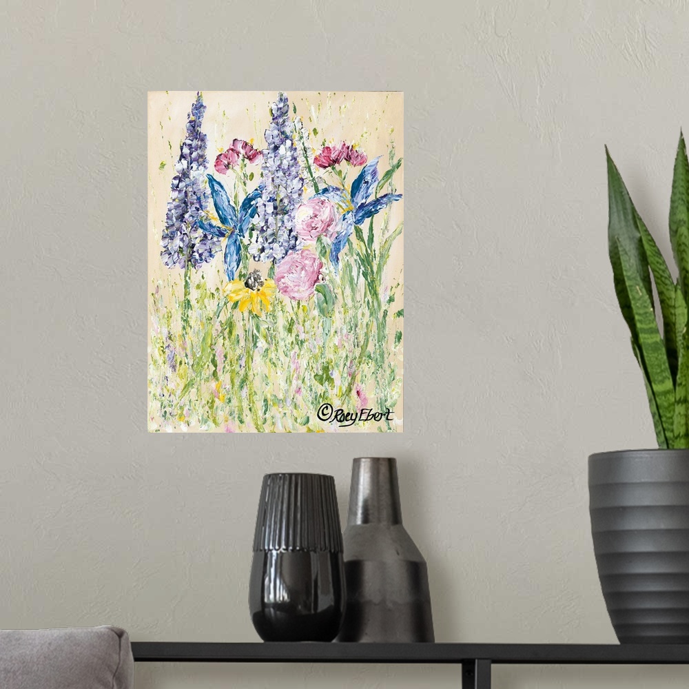 A modern room featuring An vertical contemporary painting of wild flowers with an organic textured quality.