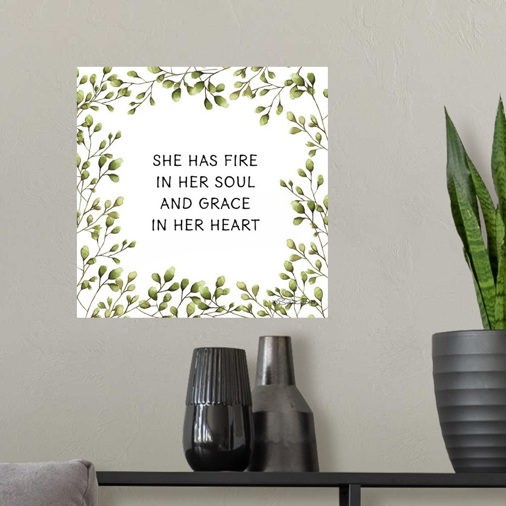A modern room featuring Greenery She Has Fire in Her Soul