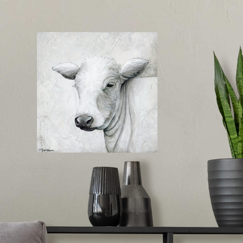 A modern room featuring Portrait of a white cow with long ears.