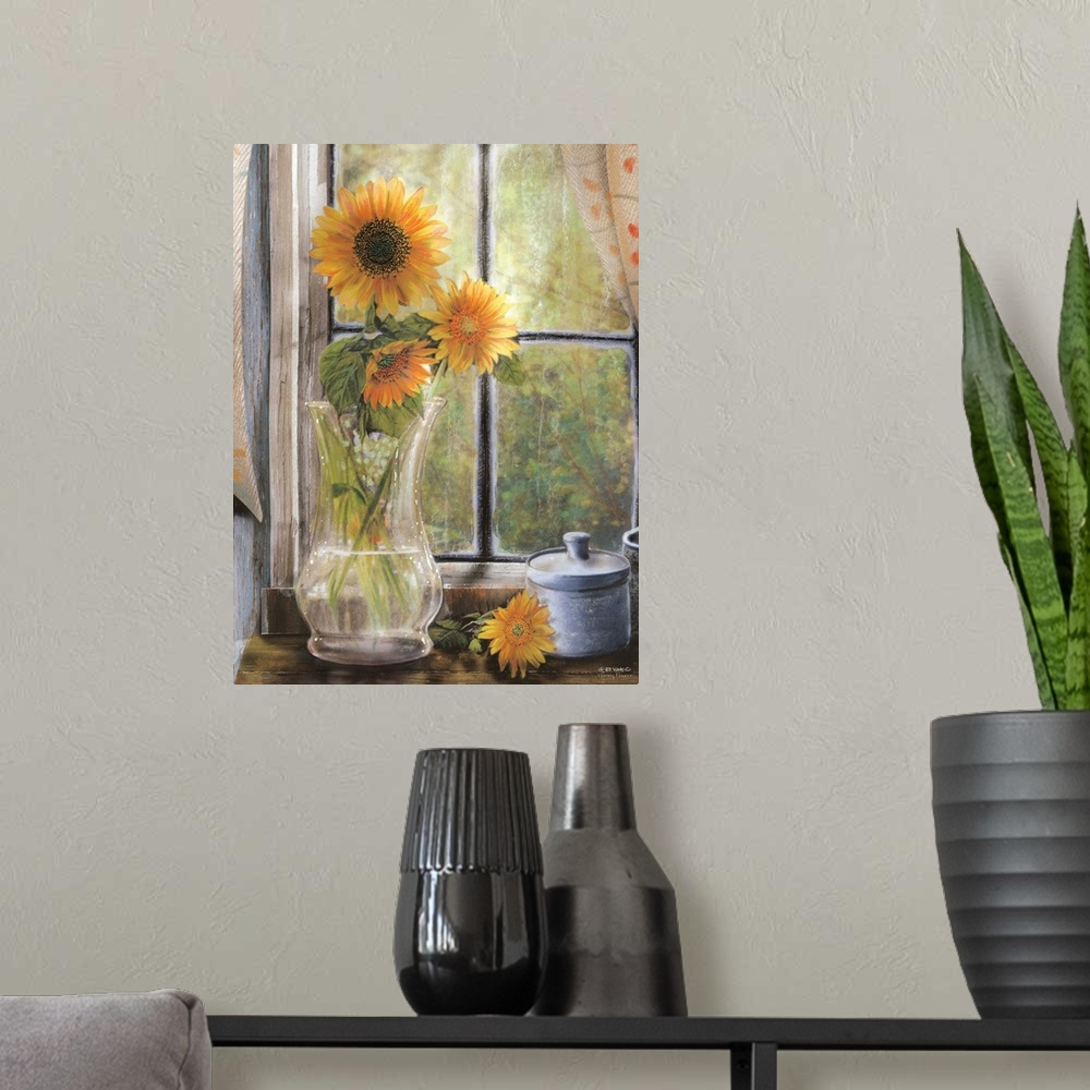 A modern room featuring Artwork of sunflowers in a glass vase sitting in front a window.