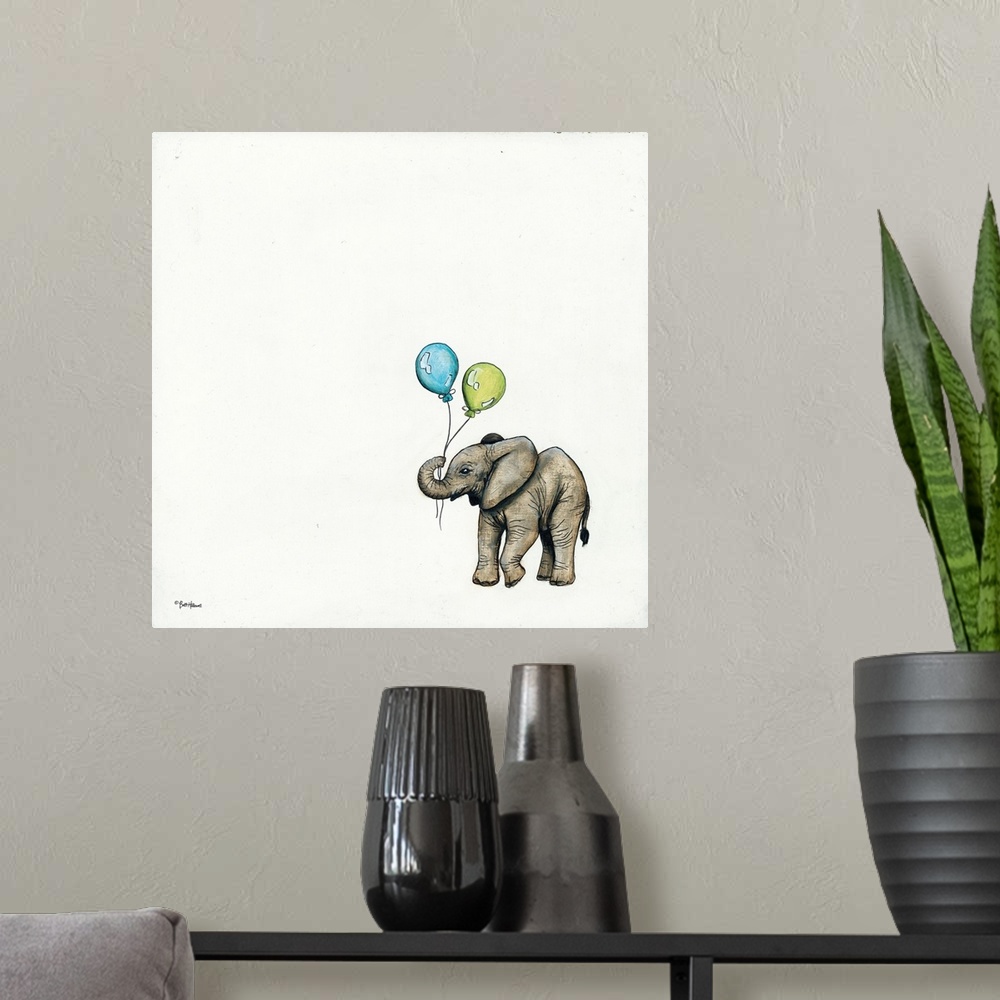 A modern room featuring Illustration of an elephant holding a balloon.