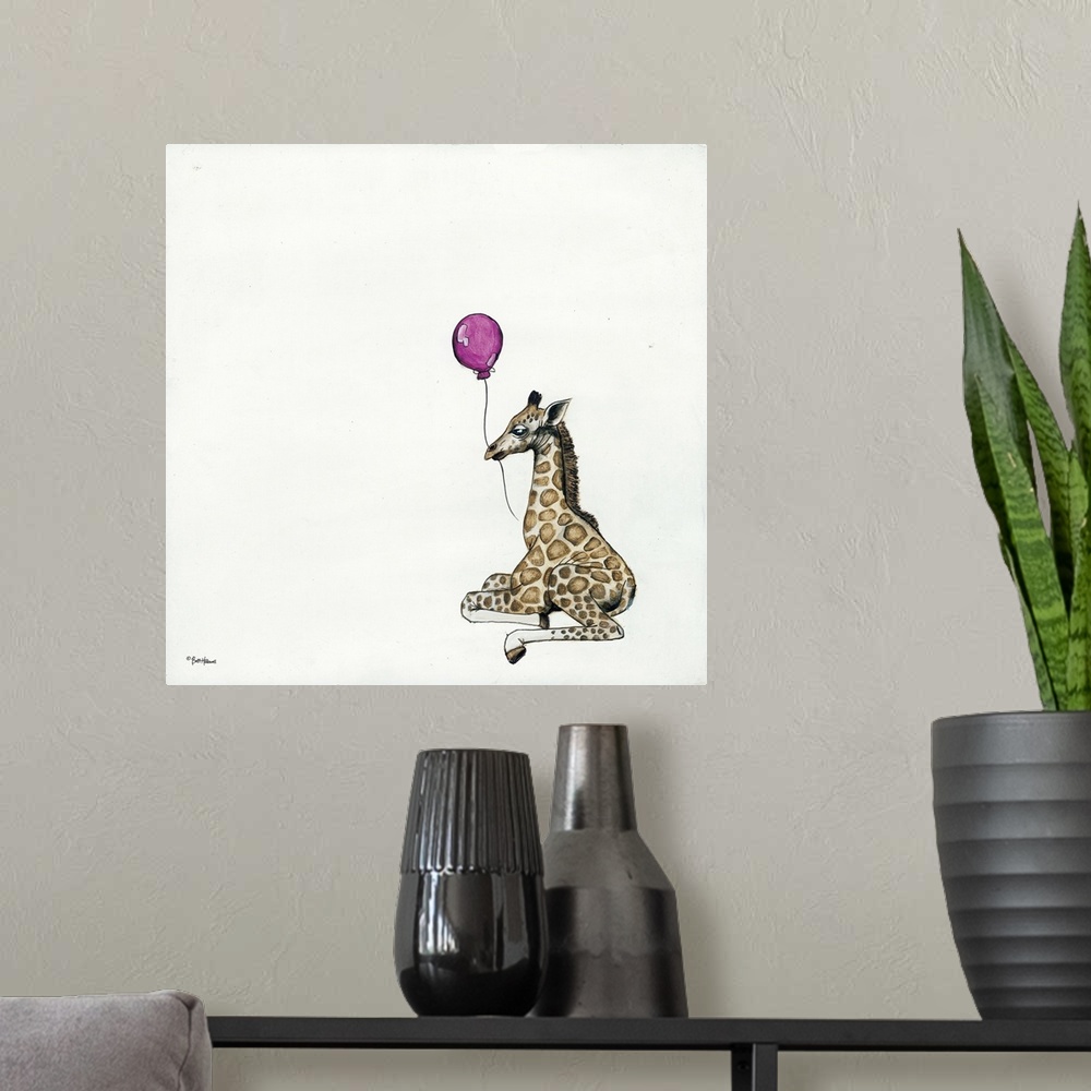 A modern room featuring Illustration of a giraffe holding a balloon.