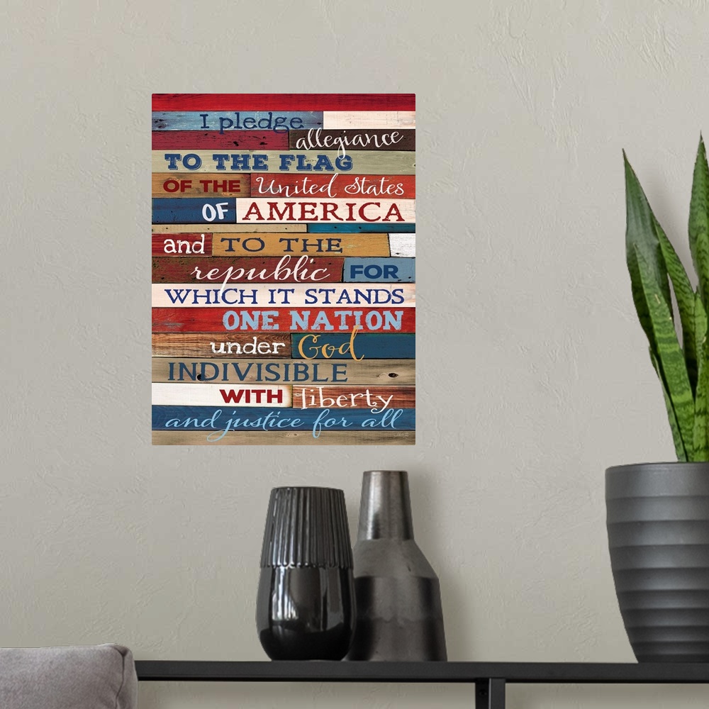 A modern room featuring Patriotic typography art against wooden surface in multiple colors.