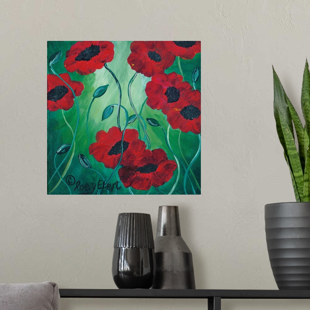 A modern room featuring Contemporary artwork of deep red poppies on a cool green background.
