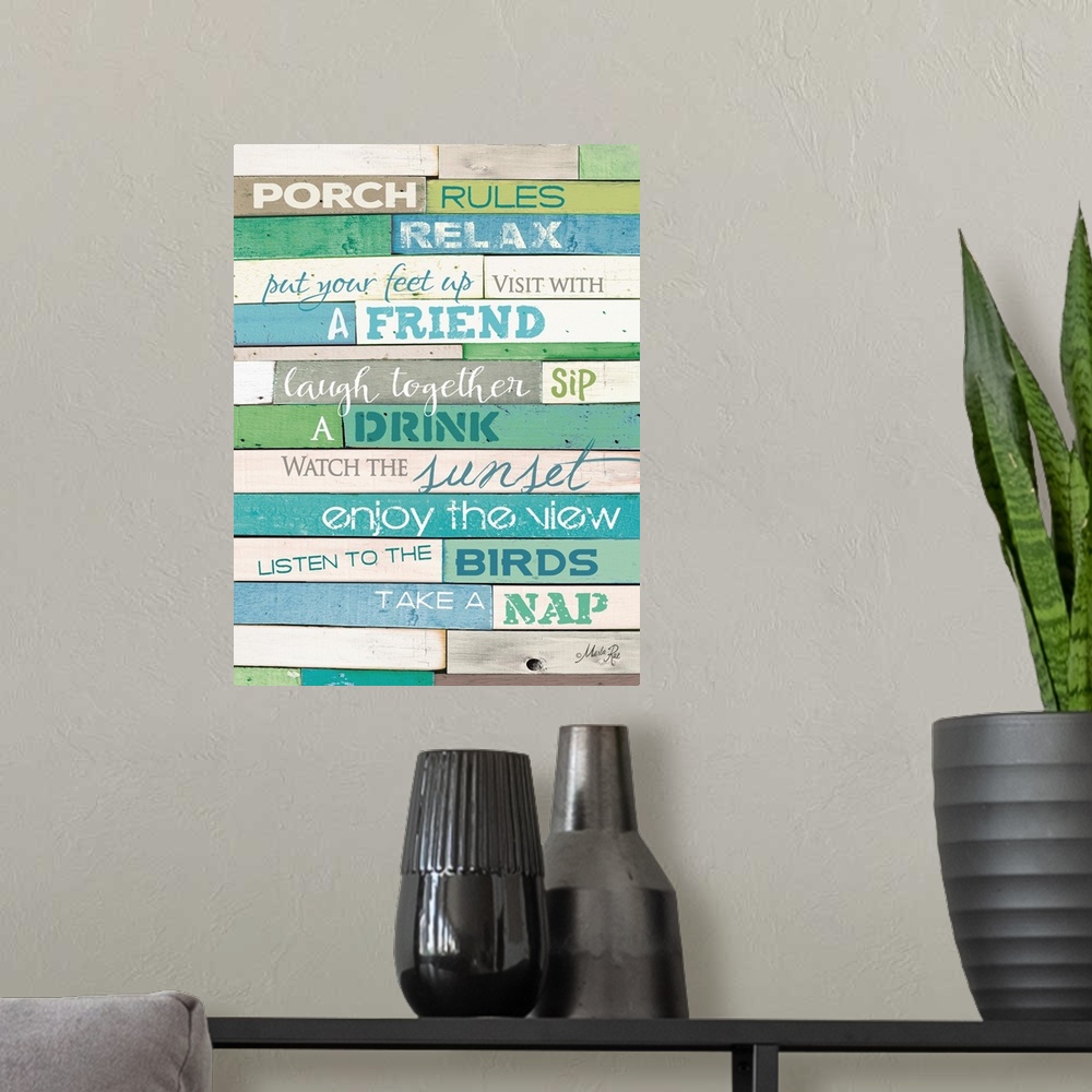 A modern room featuring Porch rules typography art against a rustic wooden surface.