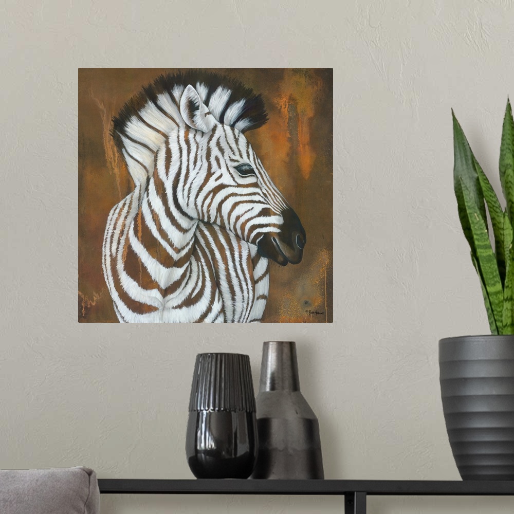 A modern room featuring Contemporary square painting of a zebra against a textured rust colored background.