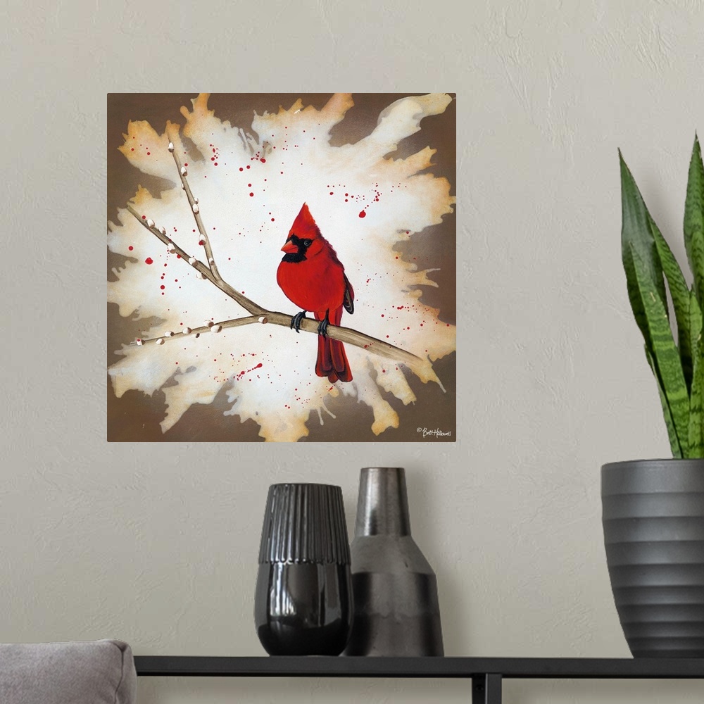 A modern room featuring Contemporary painting of a red Cardinal on a branch with a textured border.