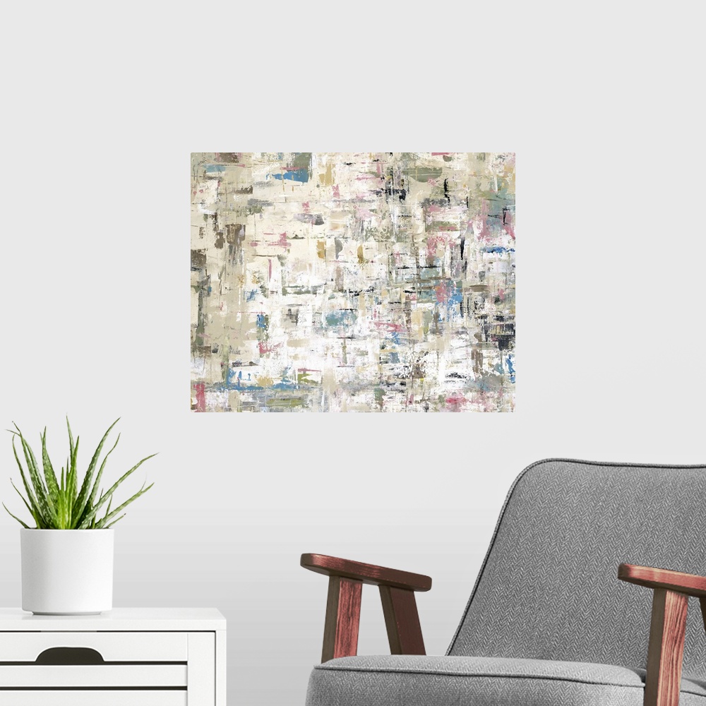 A modern room featuring Abstract painting of textured brush strokes with pastel accents, in the appearance of faint squar...
