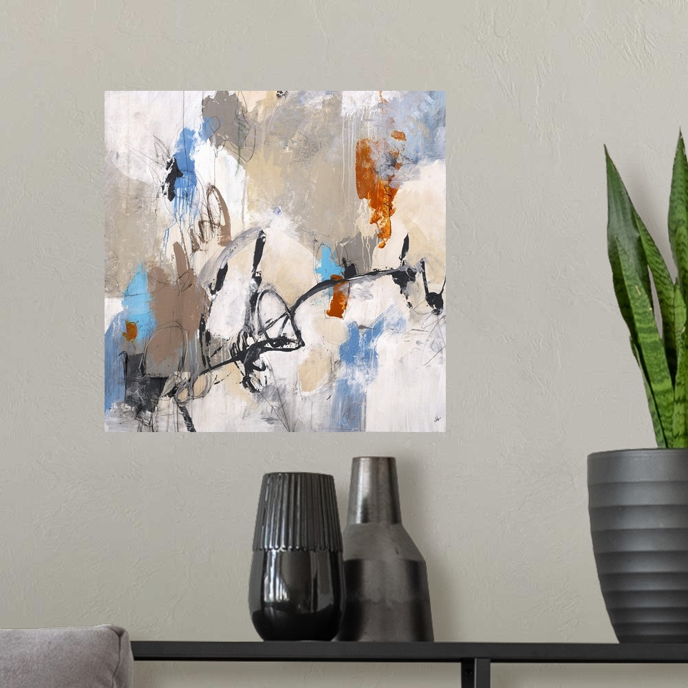 A modern room featuring Square abstract painting with clusters of neutral colors on the background and pops of bright ora...