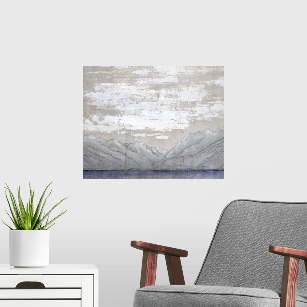 A modern room featuring Contemporary landscape painting of slightly washed out mountain range and textured clouds in fron...