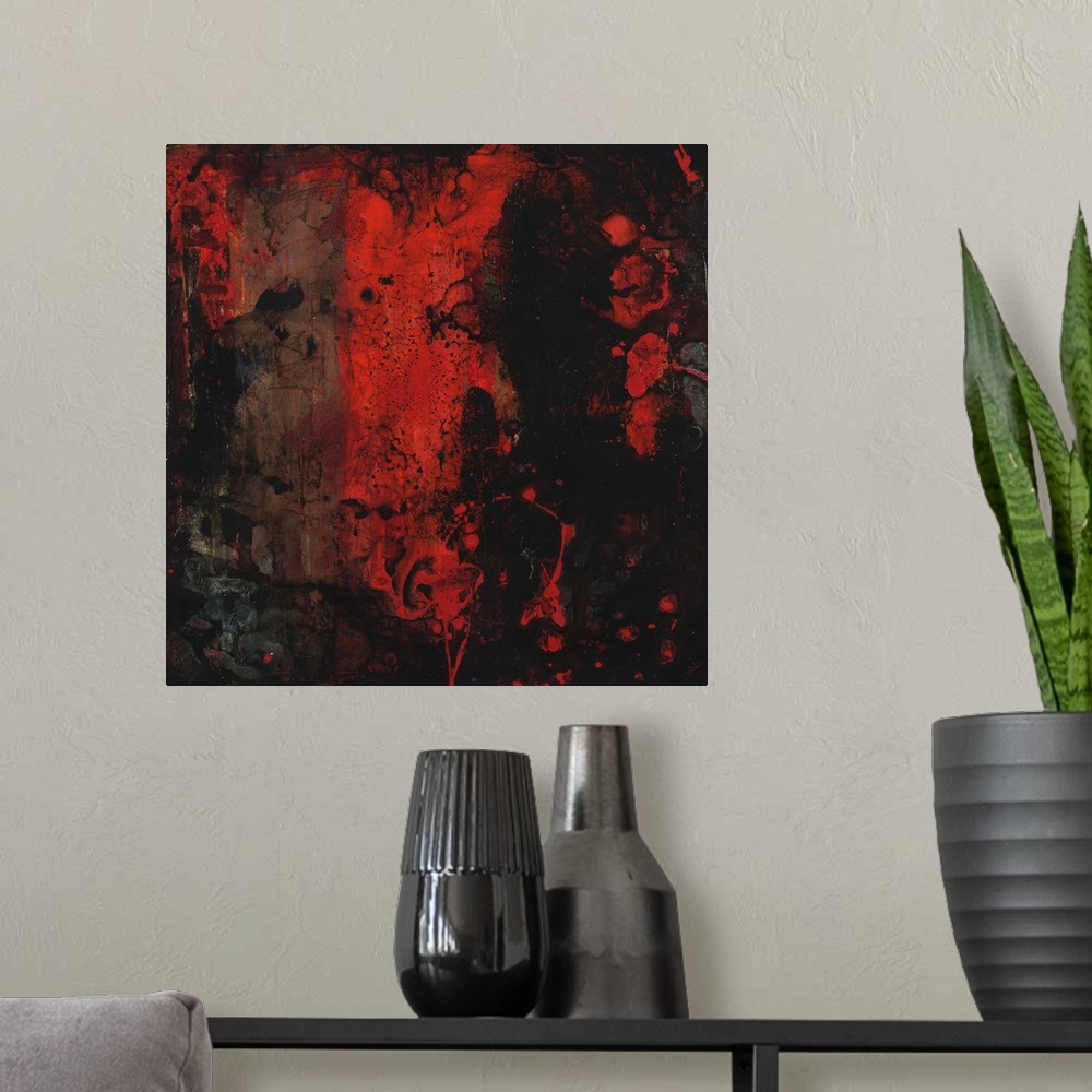 A modern room featuring Contemporary abstract painting using dark red and black.
