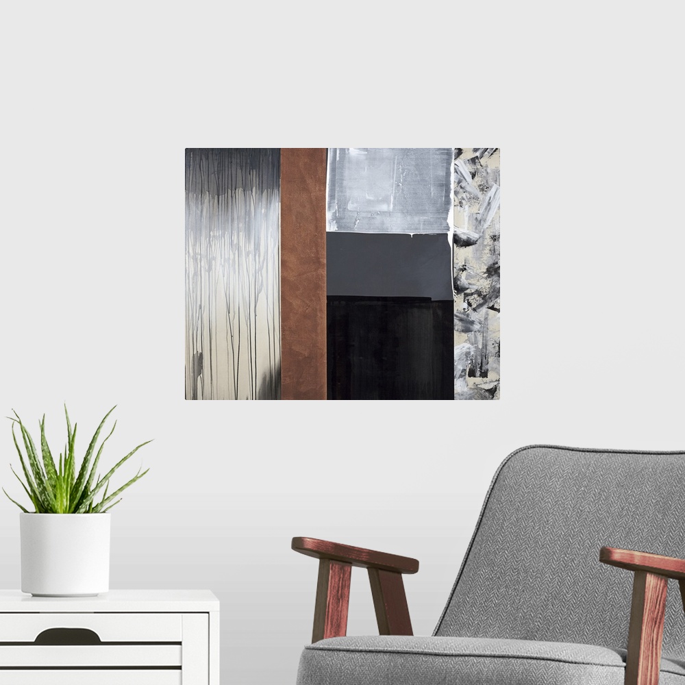 A modern room featuring Contemporary abstract painting made into sections of color and designs with brown, gray, and blac...