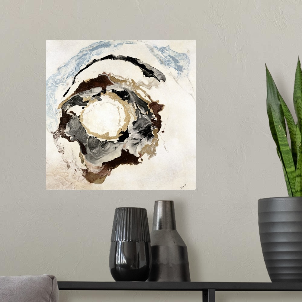 A modern room featuring Contemporary abstract painting using neutral earthy tones and thick textures resembling geologica...