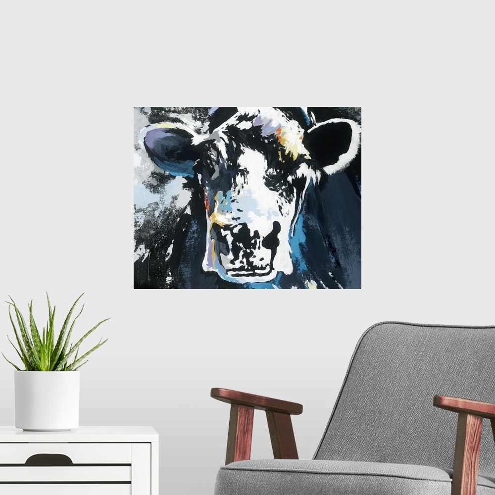 A modern room featuring Abstract painting of a cow with shades of blue and white and small pops of purple, yellow, and or...