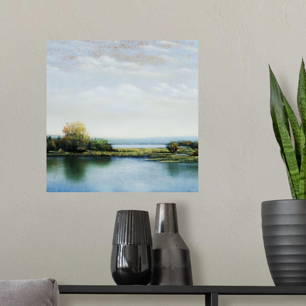 A modern room featuring Landscape painting of shrubs and greenery in a marsh, surrounded by calm waters, beneath a light ...