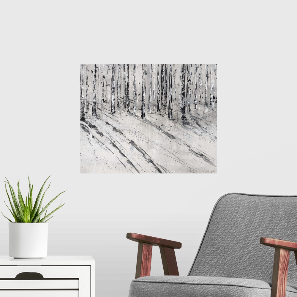 A modern room featuring Contemporary painting of a birch forest casting long shadows.