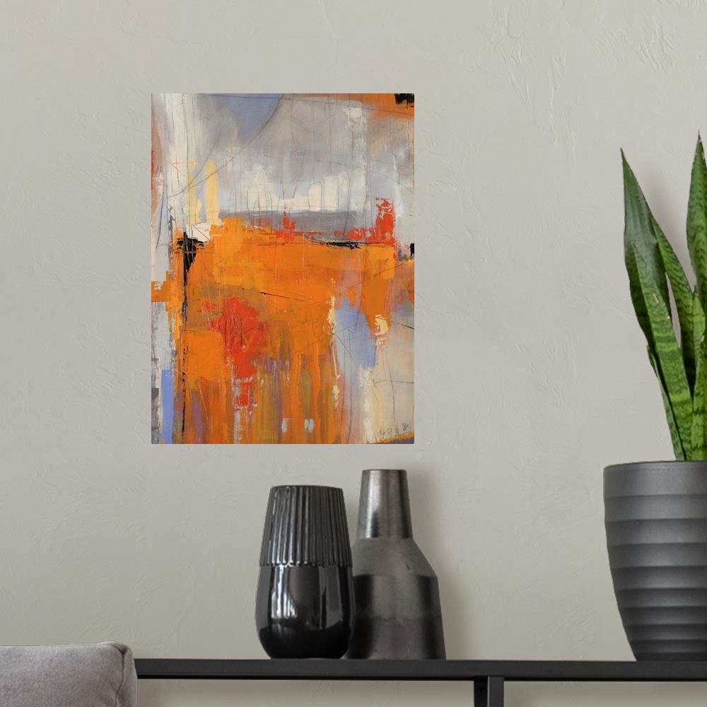 A modern room featuring Abstract painting of a large orange mass streaked with darker tones and surrounded by patches of ...
