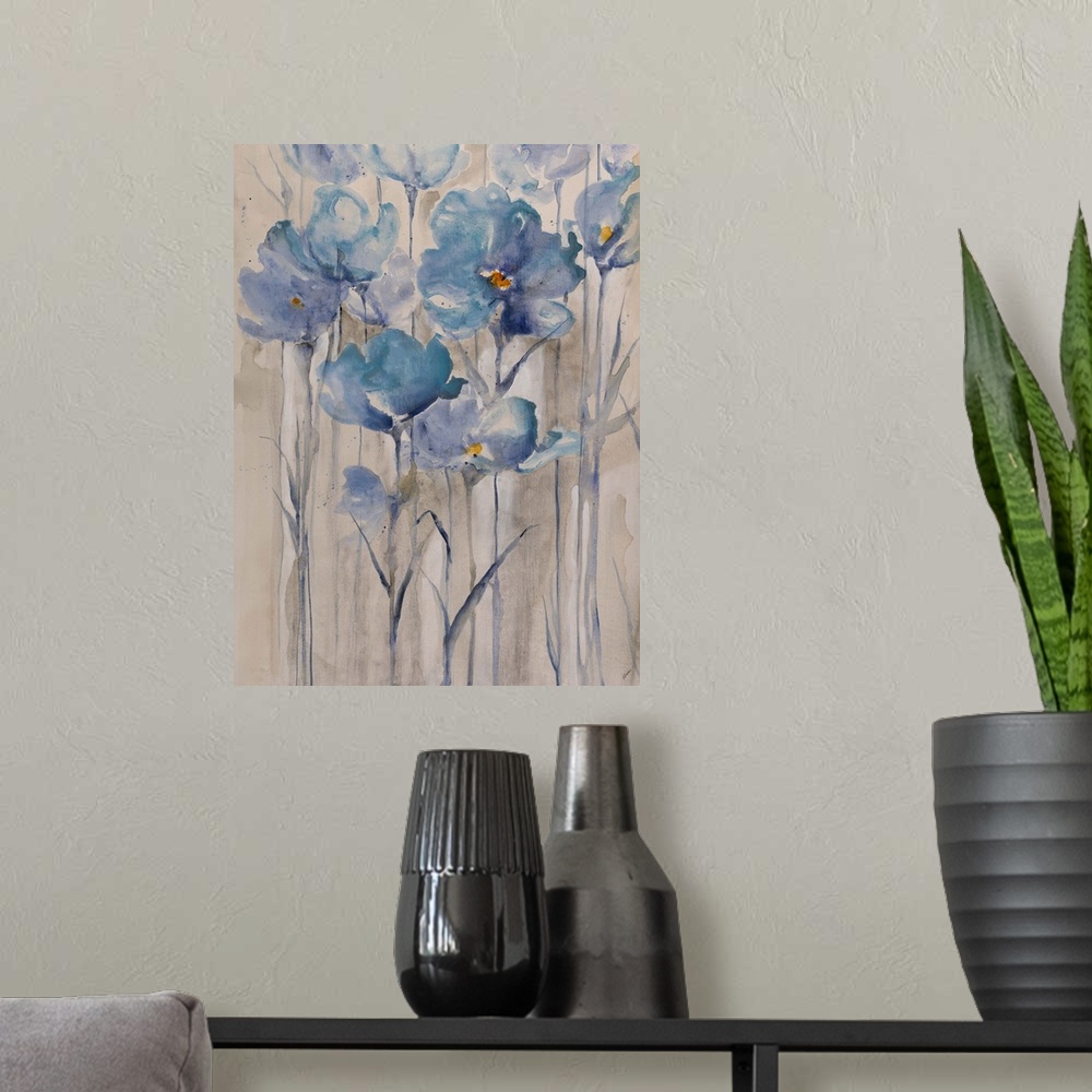 A modern room featuring Blue Petals Rising II