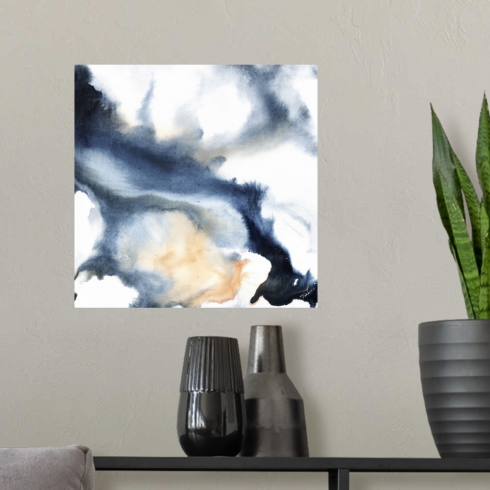 A modern room featuring Abstract contemporary painting in brown and gray tones, resembling a cloudy sky.