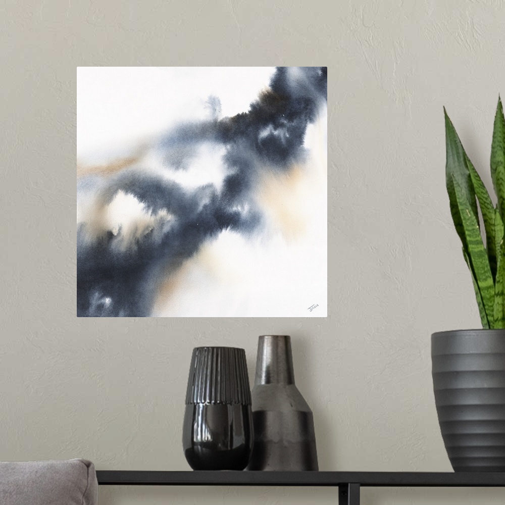 A modern room featuring Abstract contemporary painting in brown and gray tones, resembling a cloudy sky.