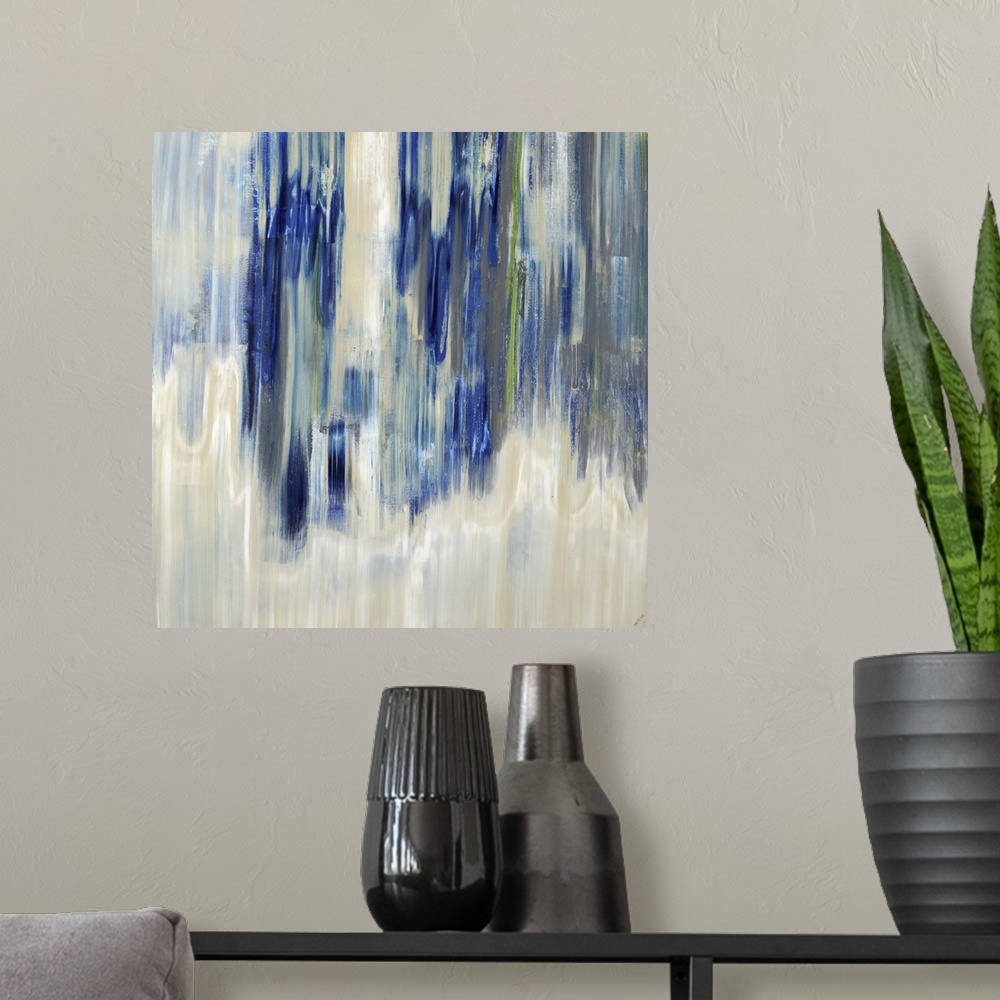 A modern room featuring Contemporary abstract painting using blue and neutral tones.