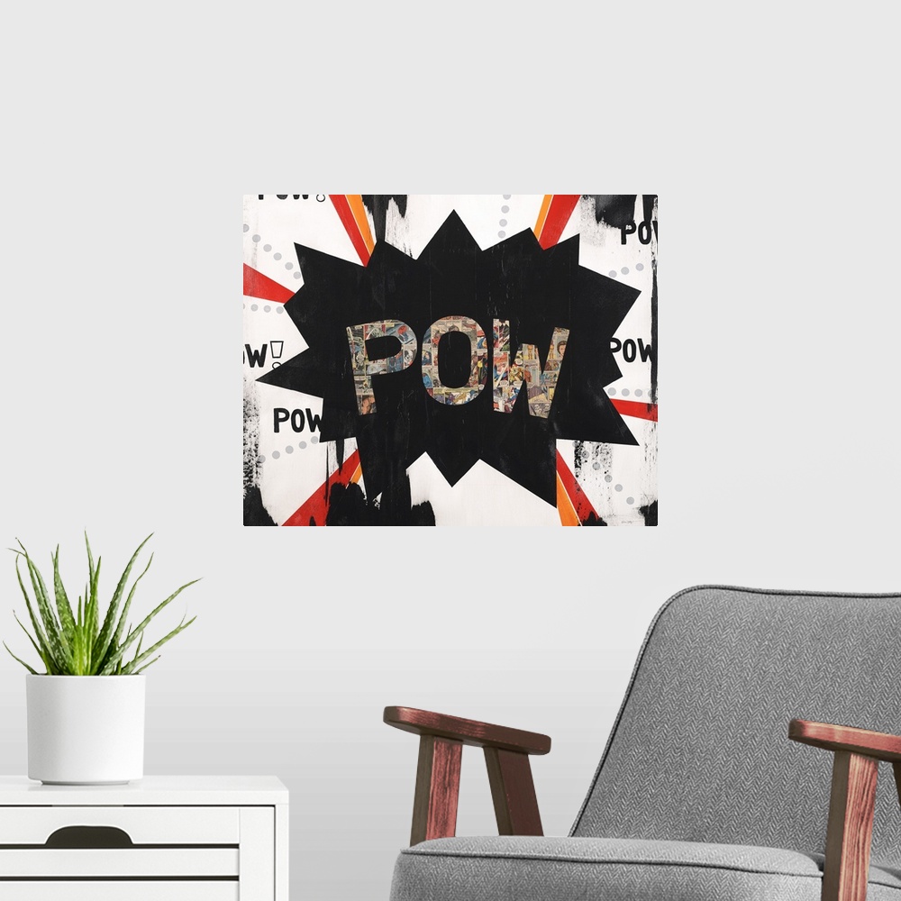 A modern room featuring Superhero art created with mixed media of a POW star with the letters made with colorful comic bo...