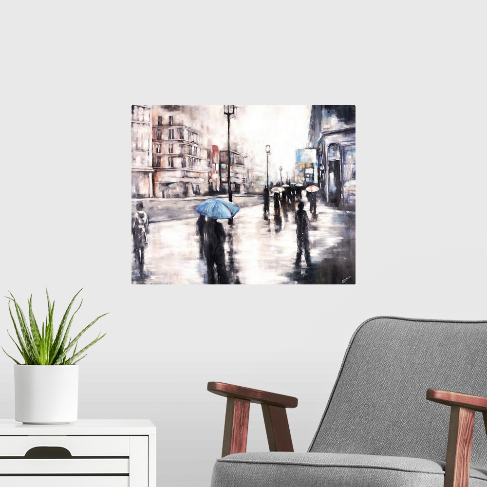 A modern room featuring Contemporary painting of a rainy cityscape with people holding umbrellas as they walk through the...