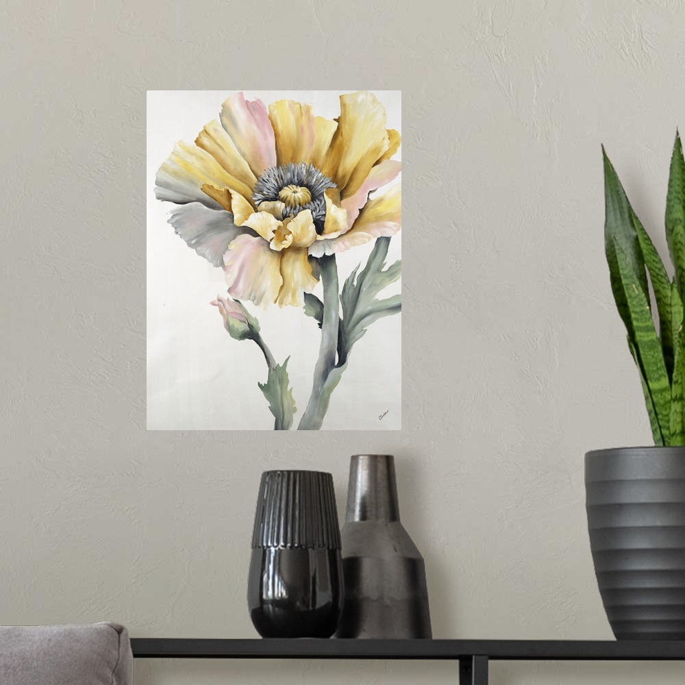 A modern room featuring Contemporary painting of a muted yellow and pink flower.