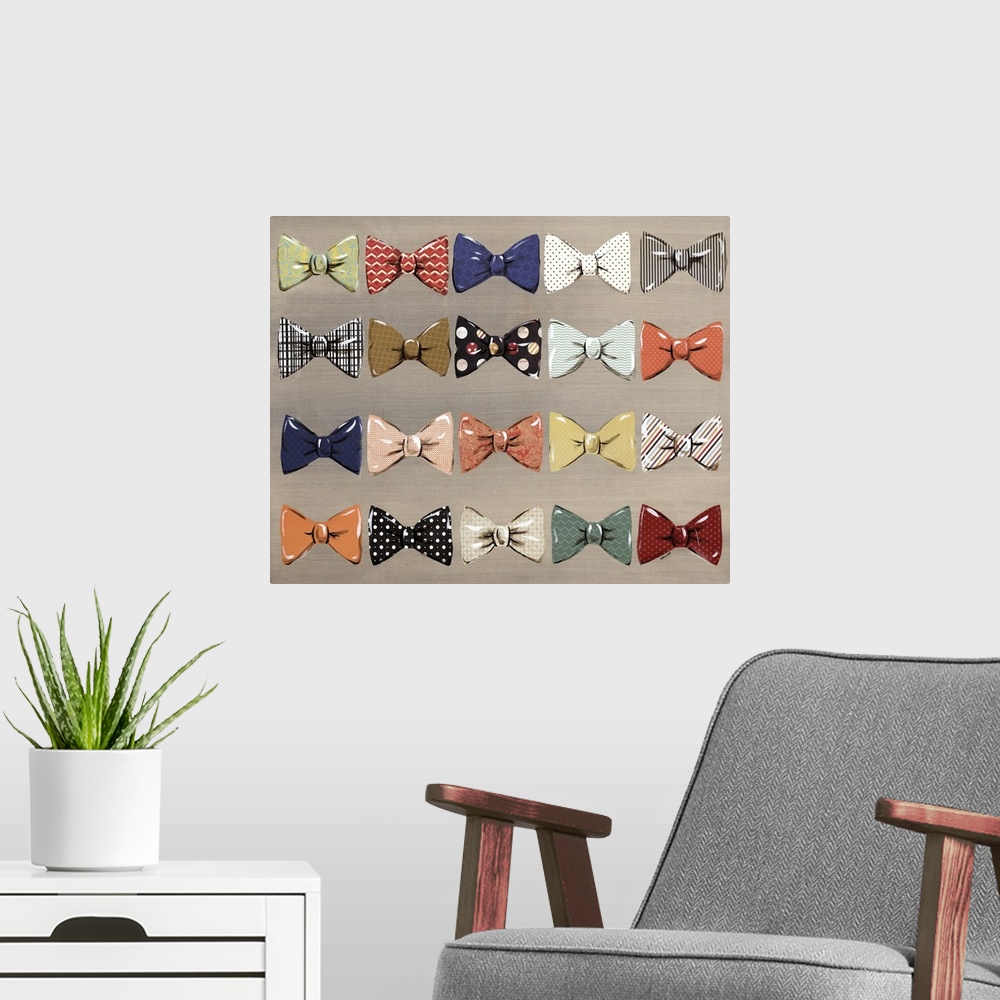 A modern room featuring Artistic design of rows of patterned bow ties.
