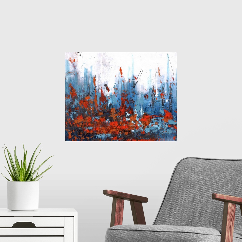 A modern room featuring Abstract painting using deep red near the bottom of the image, with tones of blue and white in th...
