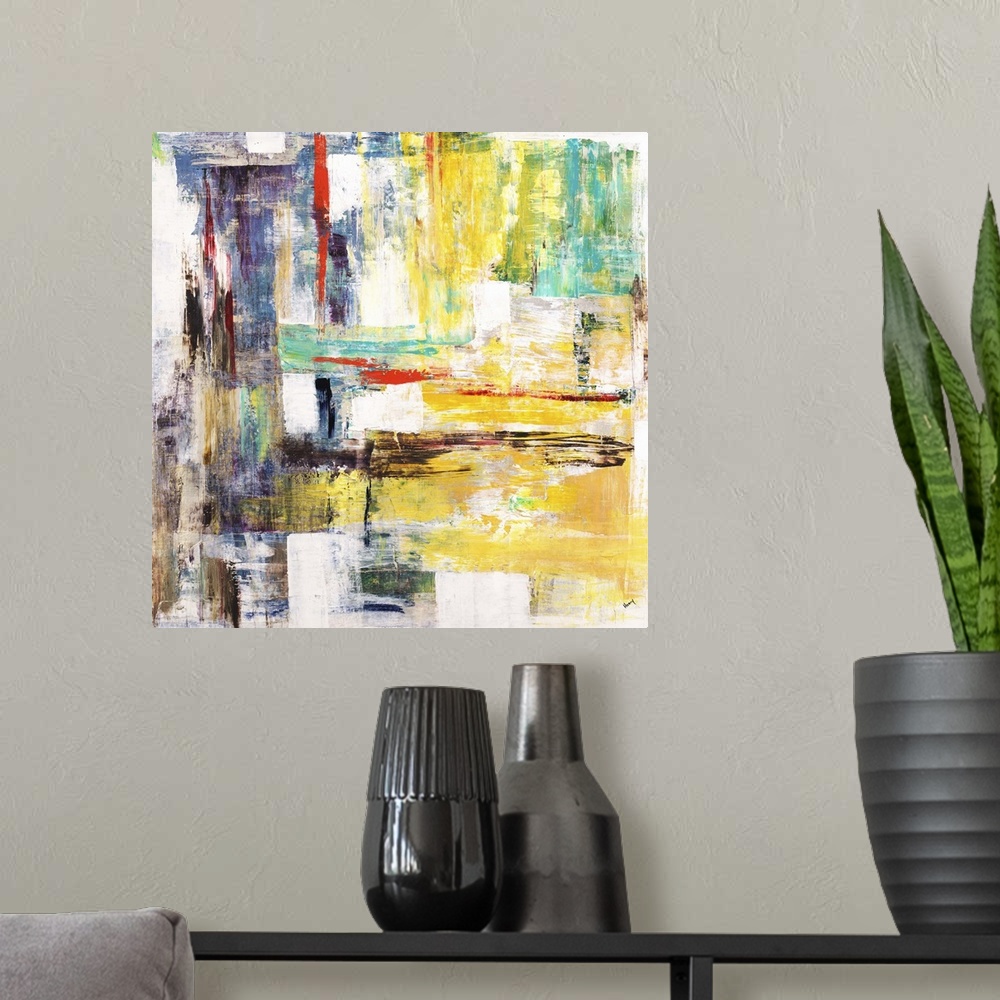 A modern room featuring Contemporary abstract painting using vibrant yellow and green tones mixed with earth tones agains...