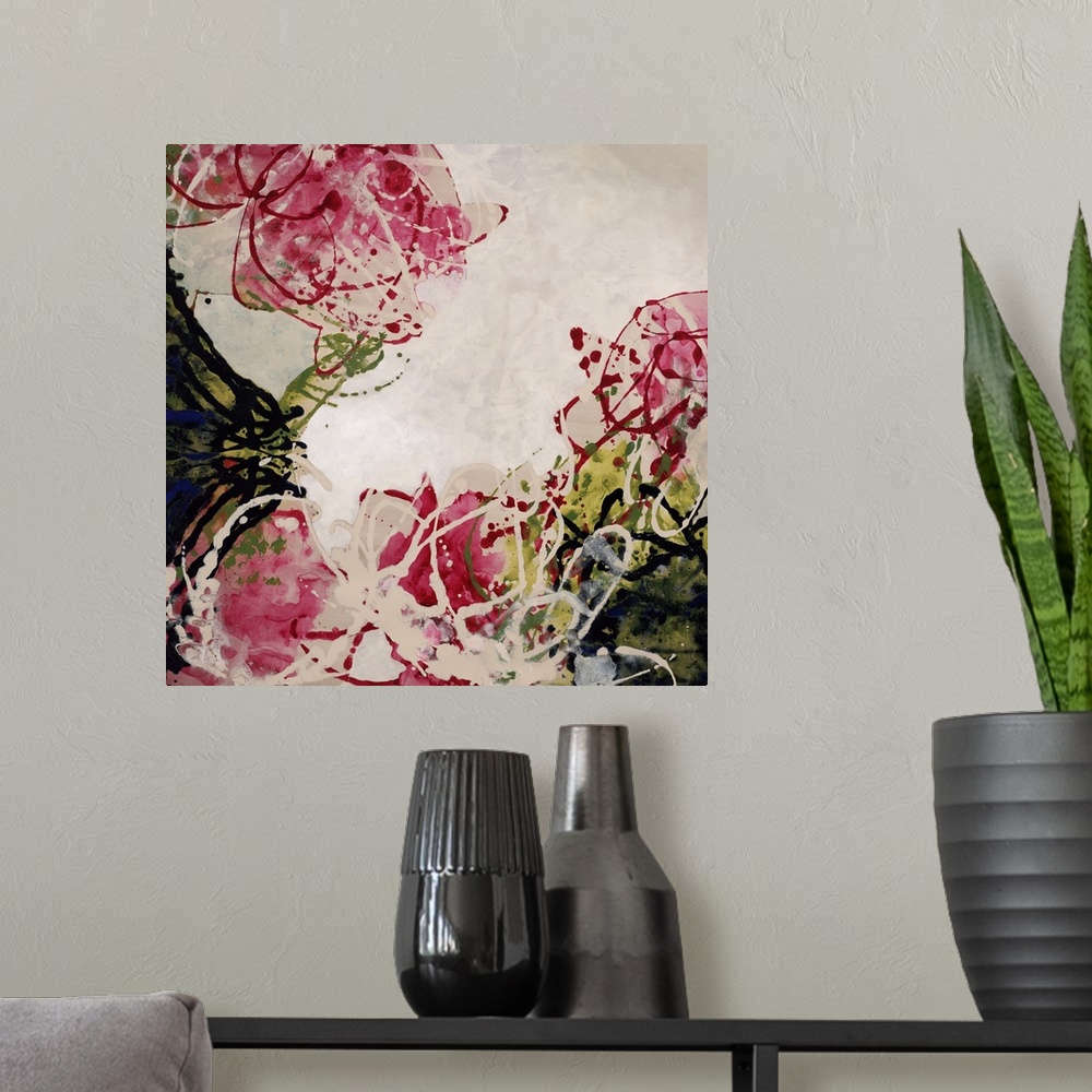 A modern room featuring Abstract painting of a cluster of rose blossoms and their leaves, painted with swirls of dripping...