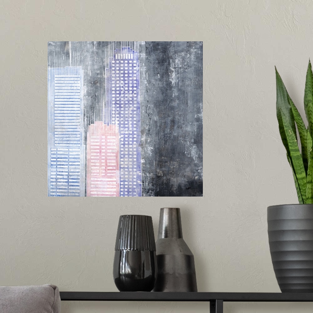 A modern room featuring Square abstract with pastel colored buildings on a black, gray, and white rugged background.