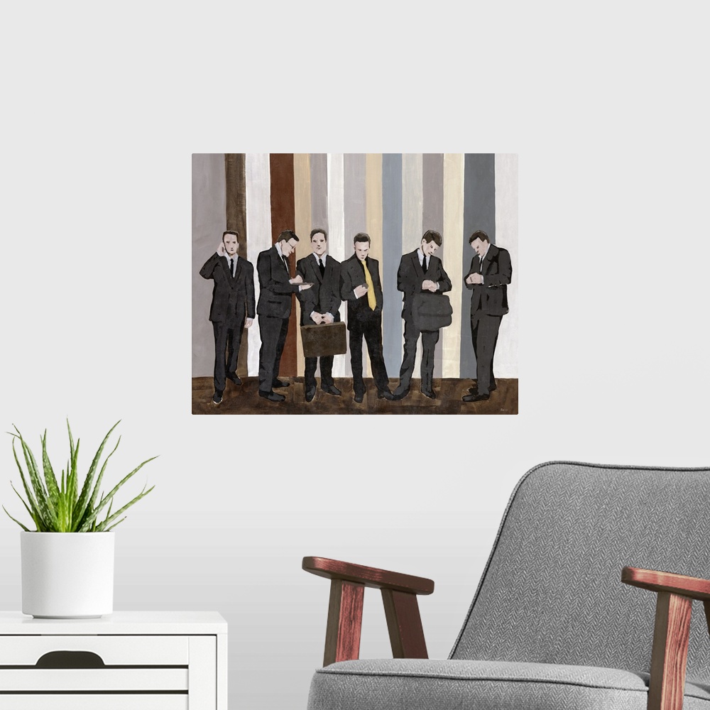 A modern room featuring Painting on canvas of six businessmen standing in a hall with vertical stripes in the background.