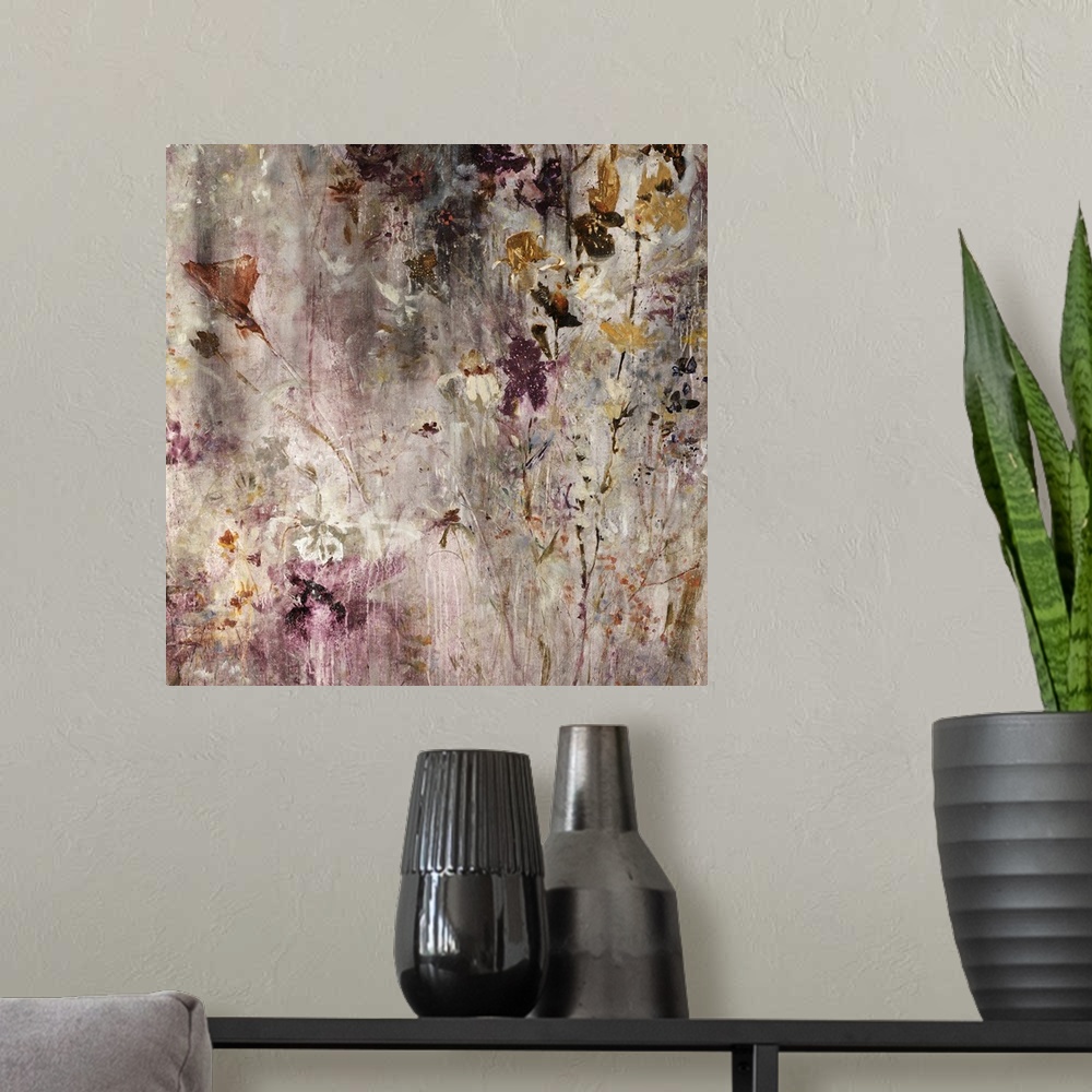 A modern room featuring Abstract painting of various florals and stems in warm and golden tones, scattered and overlappin...