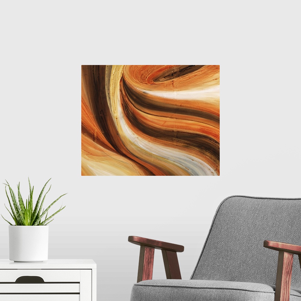 A modern room featuring Contemporary abstract painting using warm tones, in flowing sinuous movements.