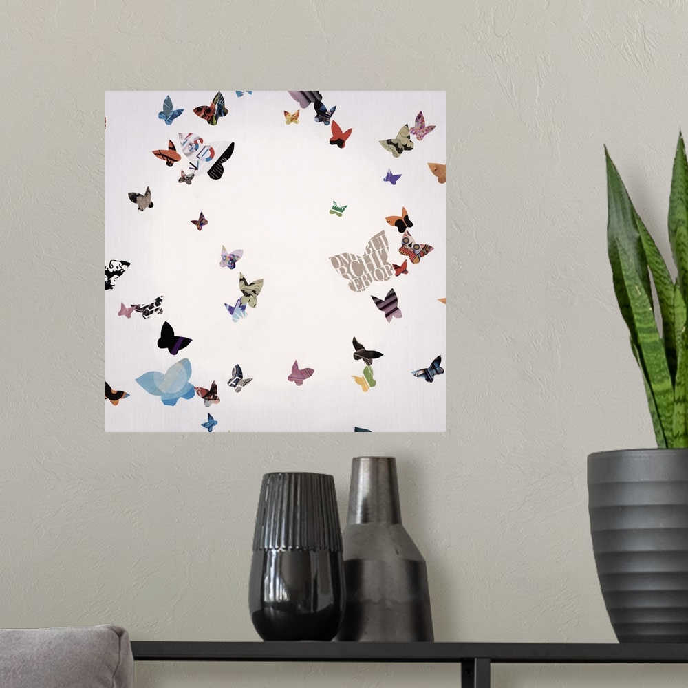 A modern room featuring A flurry of butterflies in various colors and patterns.