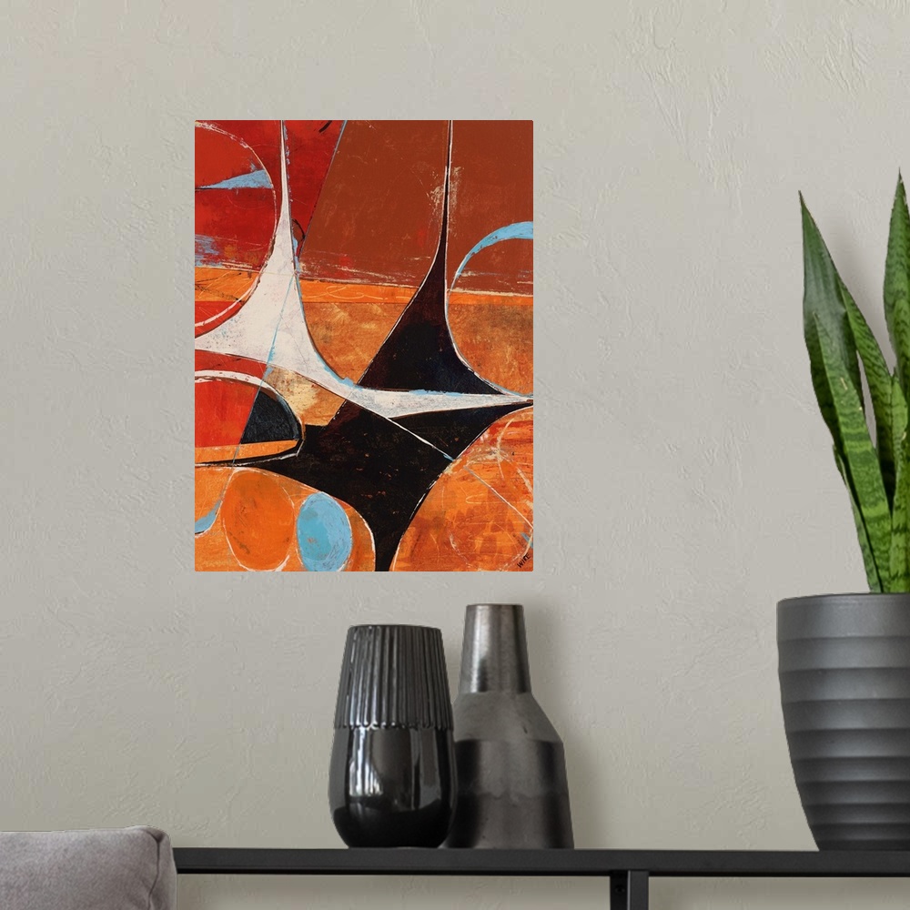 A modern room featuring Contemporary abstract painting of various shapes and colors mingling in a retro looking frenzy.