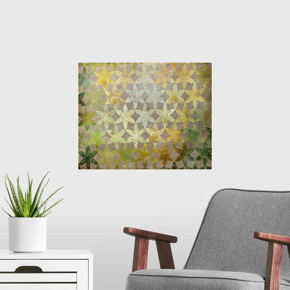 A modern room featuring Horizontal contemporary artwork of a repeating floral pattern with a sponge paint texture, in tra...