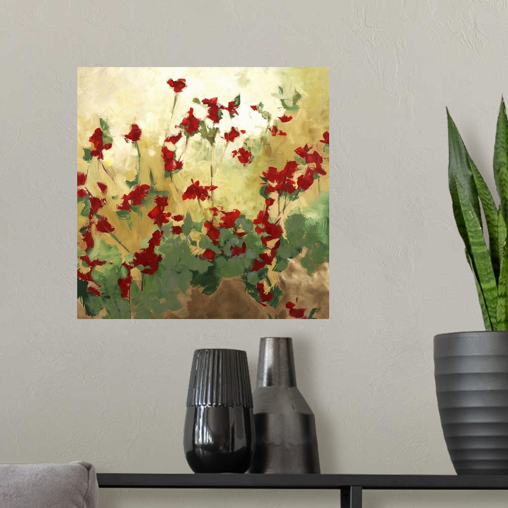 A modern room featuring Contemporary abstract painting of red flower and green sinuous vines.