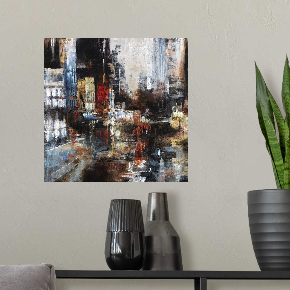 A modern room featuring Contemporary painting of a busy city scene with skyscrapers.