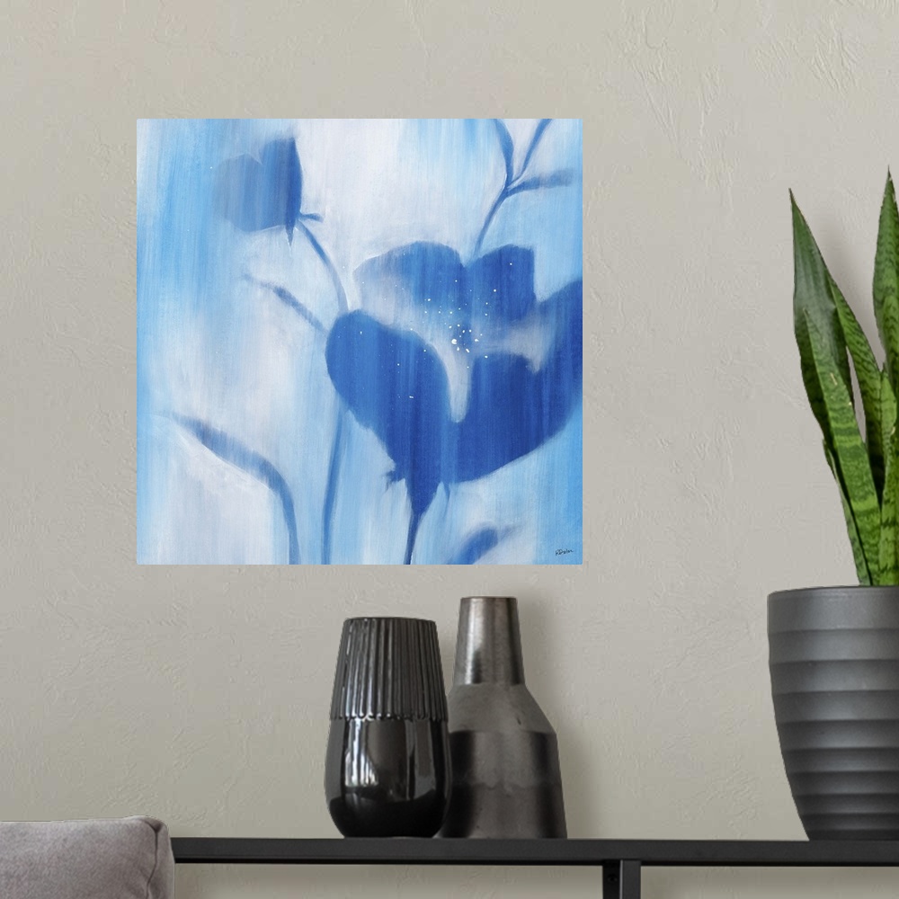 A modern room featuring Contemporary painting of blue flowers and stems with softened edges that seem to fade into a ligh...