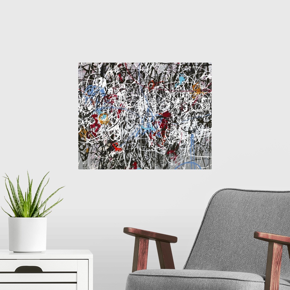 A modern room featuring Large abstract painting created with thin lines of paint layered on top of each other in white, b...