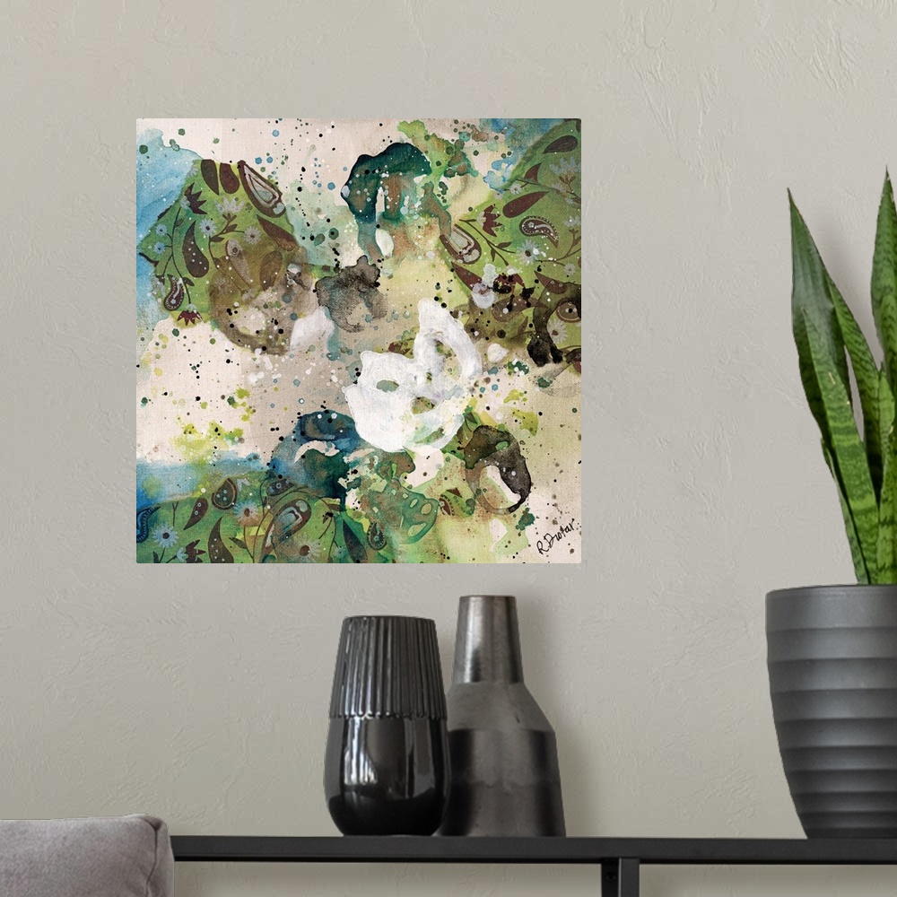 A modern room featuring Abstract painting using bright green tones in splashes and splatters, almost looking like flowers.