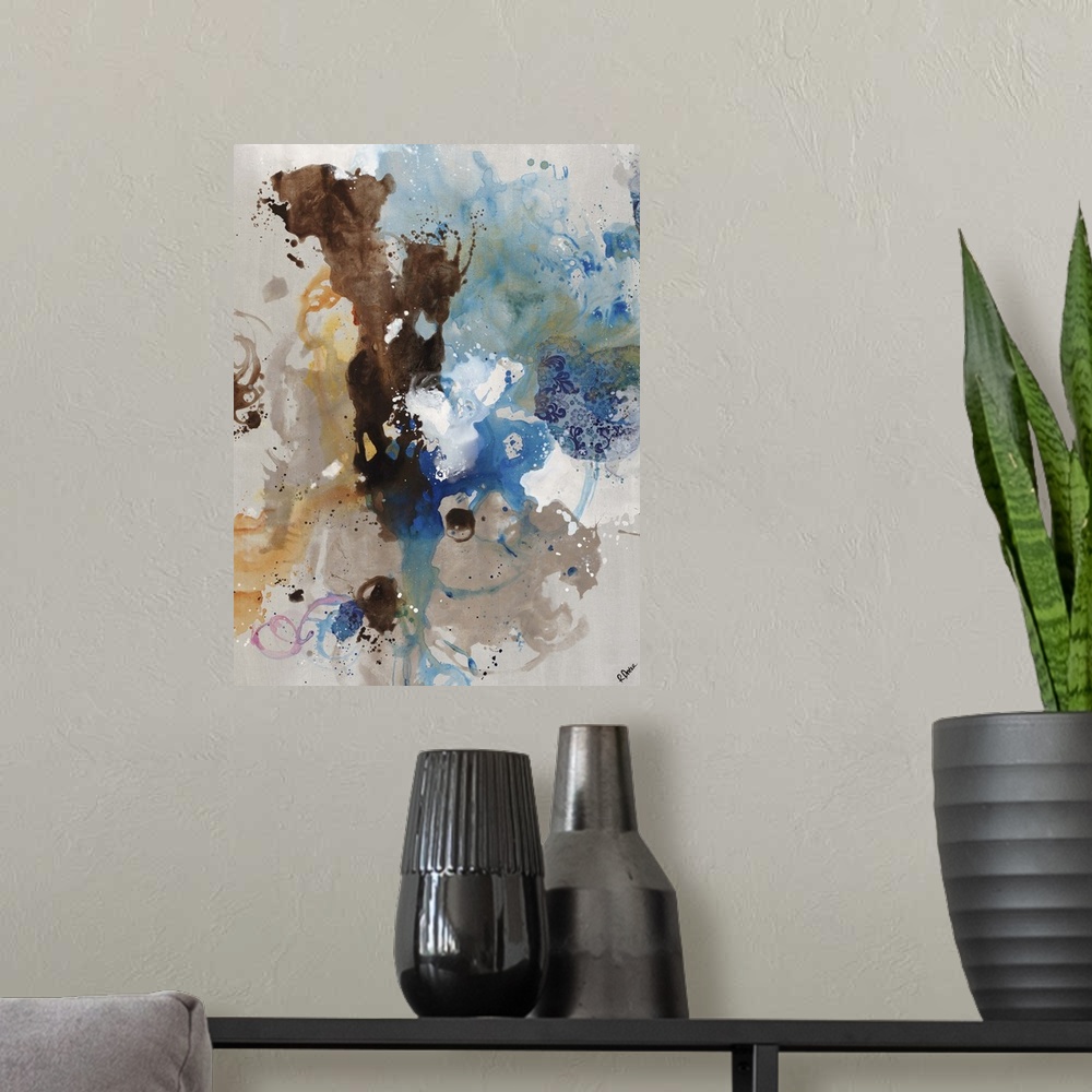 A modern room featuring Abstract painting of overlapping splatters, rings, and patches of various colors on a light, neut...