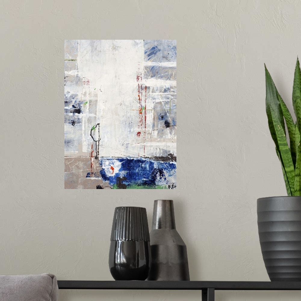 A modern room featuring Contemporary abstract painting using primary and neutral colors in weathered textures.