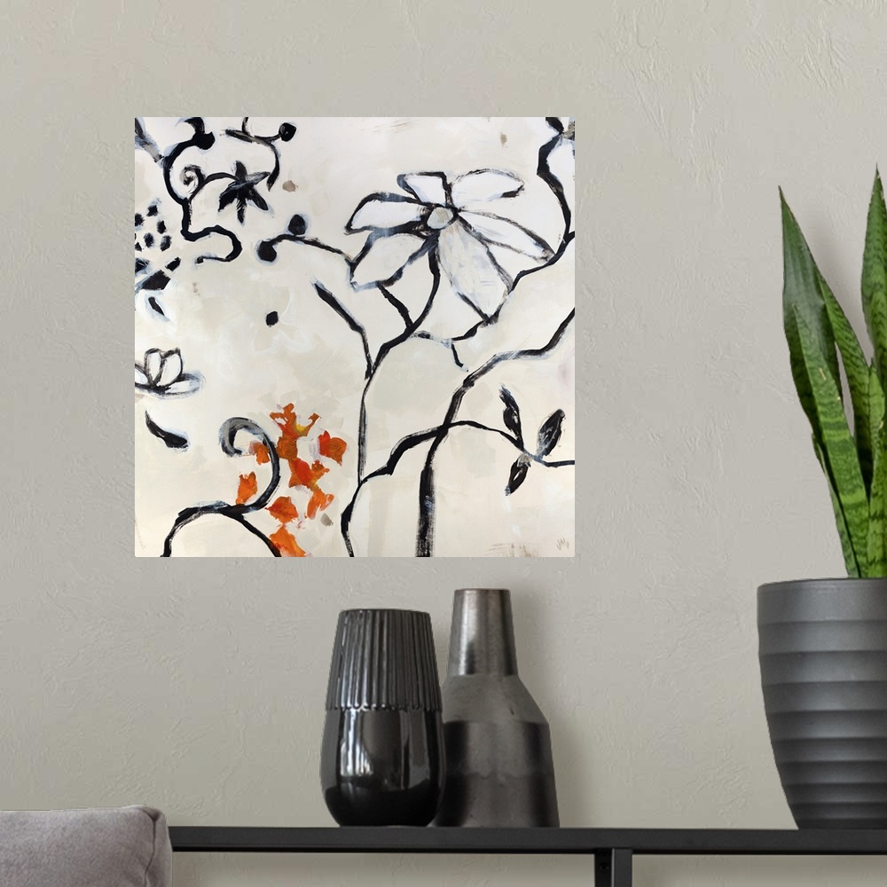 A modern room featuring Square, large home art decor of simple, jagged branches and twirling vines with various flowers a...