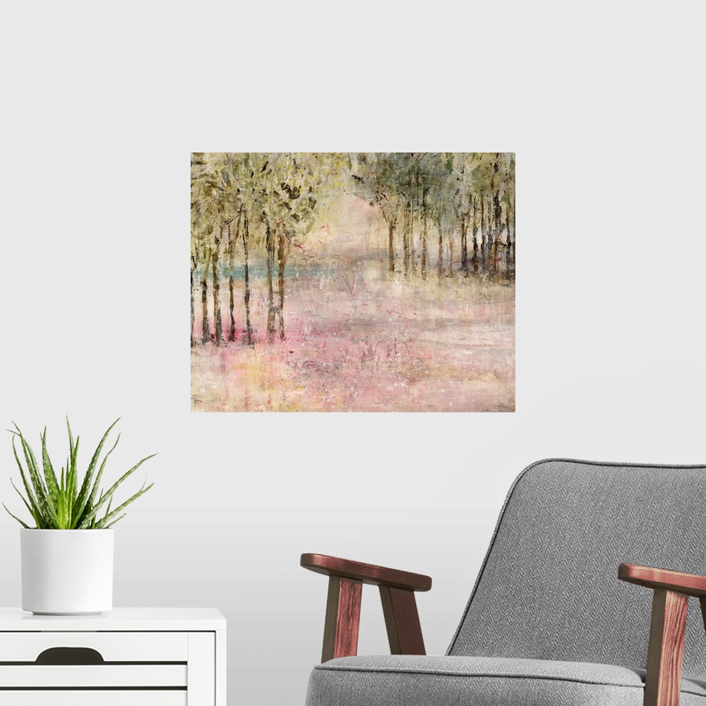 A modern room featuring Contemporary painting of trees lining a a clearing in shades of pale pink.